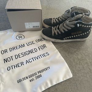 Womens Golden Goose Studded Leather Slide Sneakers